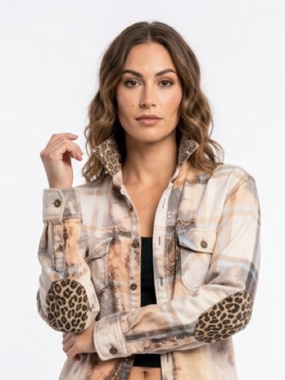 Upcyled Flannel Shirt | Distressed with Leopard Collar Elbow Patches
